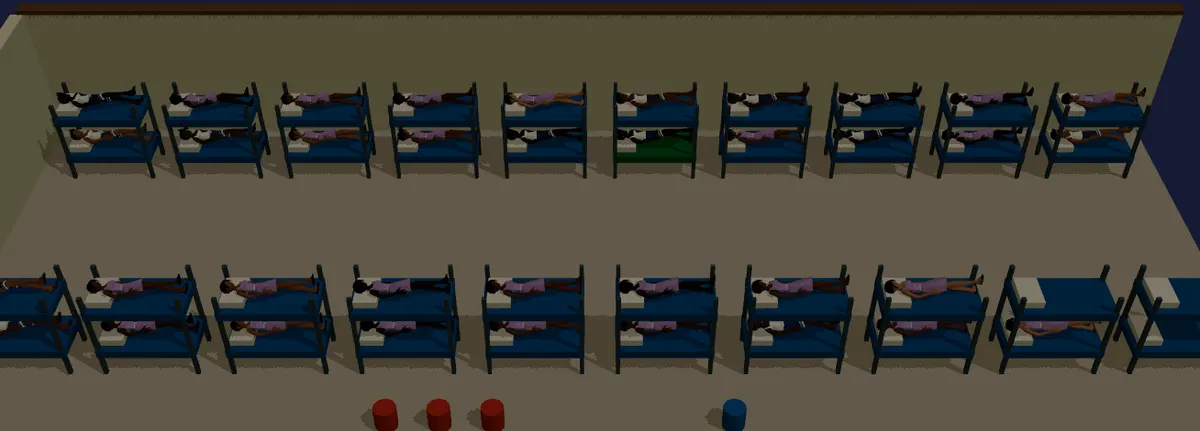 The hostel at night: forty bunk beds in two rows, corpers asleep in sleepwear, buckets on the floor