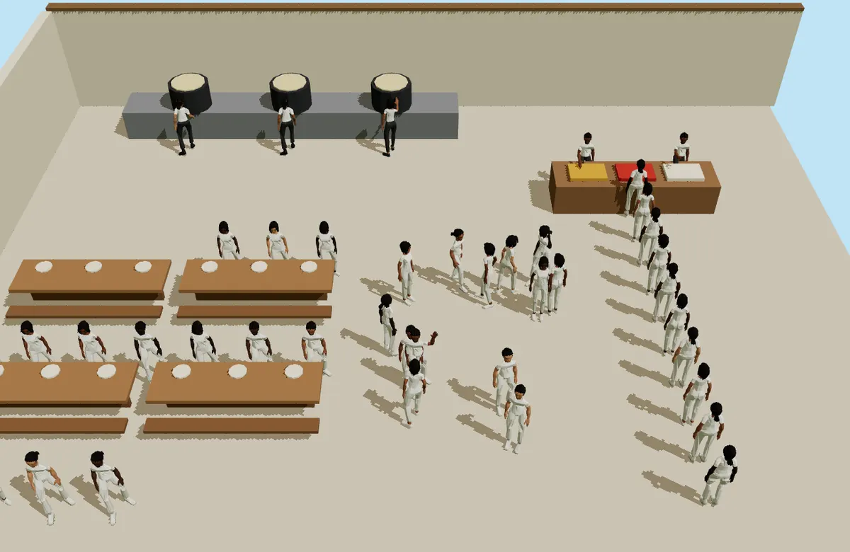 The camp kitchen: cooks at big pots, servers at the counter, a long queue of corpers in white, others eating at tables