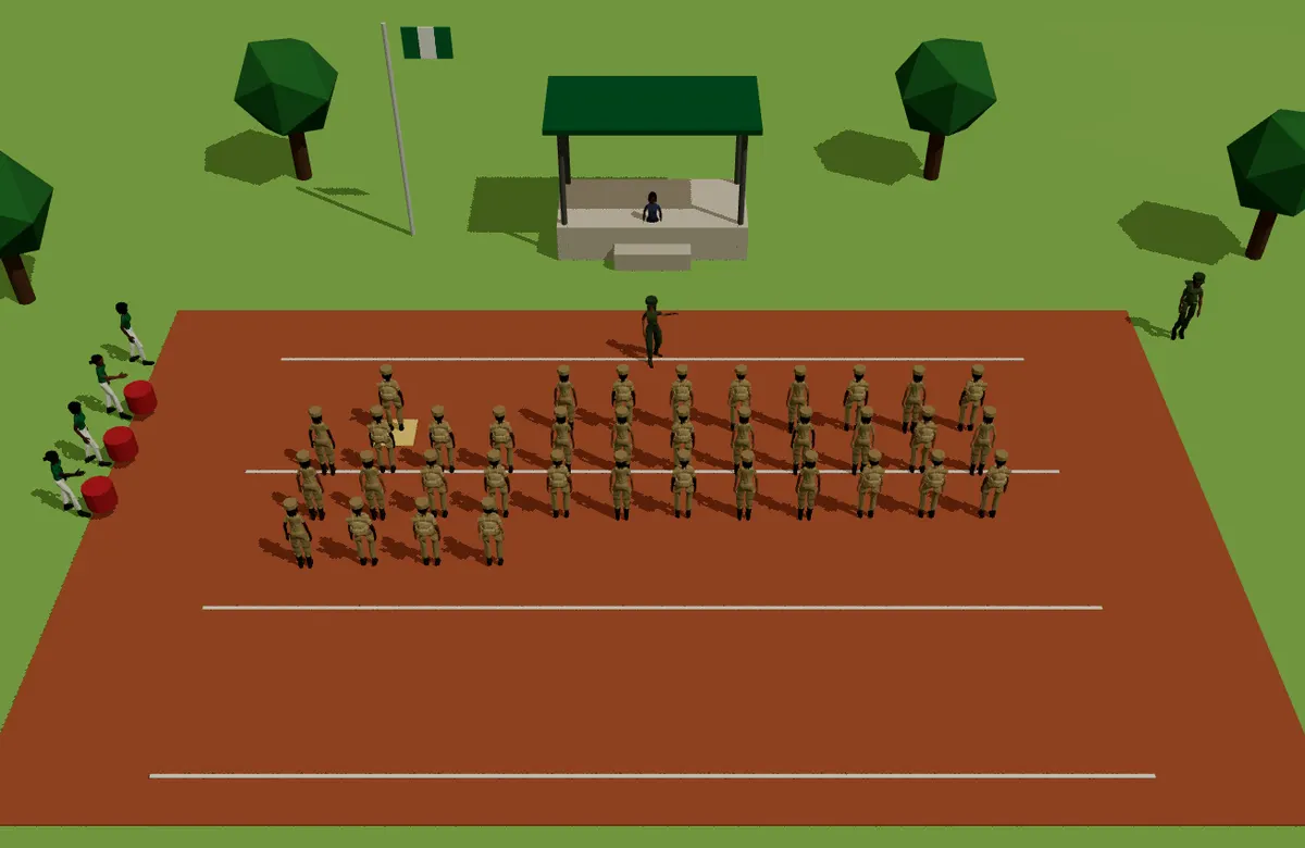 Corpers in khaki standing in lines on the parade ground, a soldier in front, drummers at the side